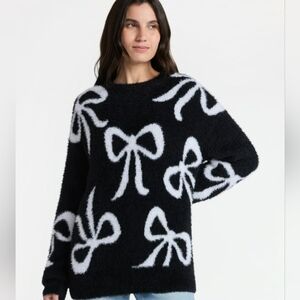 99 Jane Street Women's Plus Bow Print Pullover Sweater
